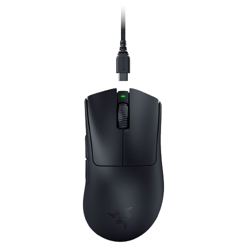 Ratón gaming Razer DeathAdder V3 Pro negro visto desde arriba, diseño ergonómico para diestros con forma asimétrica y acabado mate.