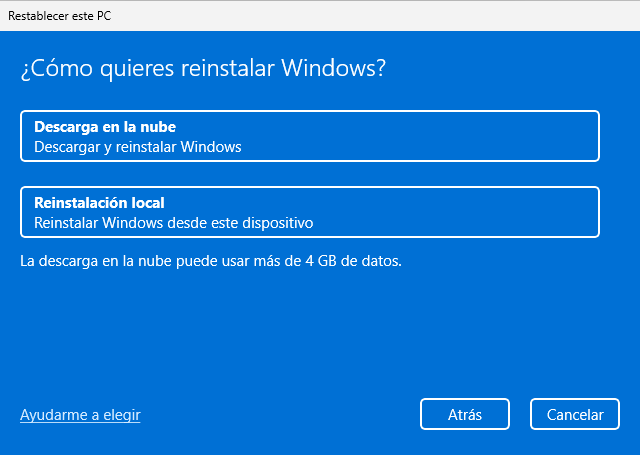 Menú azul de Windows 11 con la pregunta "¿Cómo quieres reinstalar Windows?", mostrando las opciones de "Descarga en la nube" y "Reinstalación local
