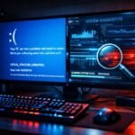 Interfaz de diagnóstico en Windows mostrando un pantallazo azul (BSOD) junto a herramientas de análisis y reparación de errores del sistema en un PC de escritorio.