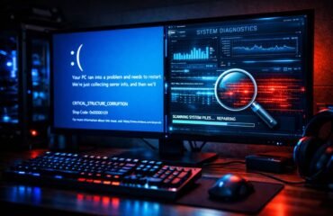 Interfaz de diagnóstico en Windows mostrando un pantallazo azul (BSOD) junto a herramientas de análisis y reparación de errores del sistema en un PC de escritorio.