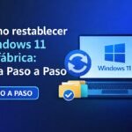 Imagen destacada que muestra una ilustración de Windows 11 con un icono de restablecimiento y el título “Cómo restablecer Windows 11 de fábrica: Guía Paso a Paso” sobre fondo azul tecnológico.