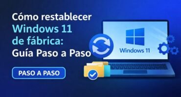 Imagen destacada que muestra una ilustración de Windows 11 con un icono de restablecimiento y el título “Cómo restablecer Windows 11 de fábrica: Guía Paso a Paso” sobre fondo azul tecnológico.