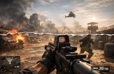 Ejemplo visual de screen tearing en un videojuego de acción donde la imagen aparece dividida horizontalmente por falta de sincronización entre GPU y monitor