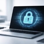 Portátil moderno con símbolo de candado digital brillante en pantalla que representa la seguridad informática.