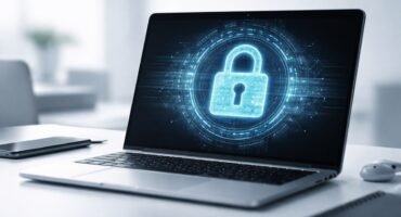 Portátil moderno con símbolo de candado digital brillante en pantalla que representa la seguridad informática.