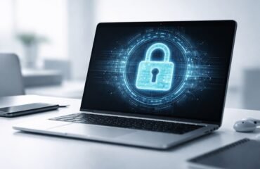 Portátil moderno con símbolo de candado digital brillante en pantalla que representa la seguridad informática.