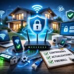 Router Wi-Fi con escudo de seguridad protegiendo dispositivos conectados en una red doméstica