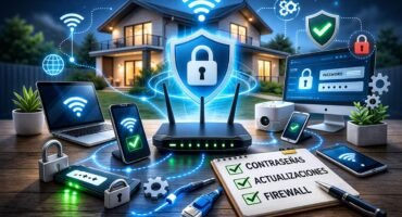 Router Wi-Fi con escudo de seguridad protegiendo dispositivos conectados en una red doméstica