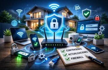 Router Wi-Fi con escudo de seguridad protegiendo dispositivos conectados en una red doméstica