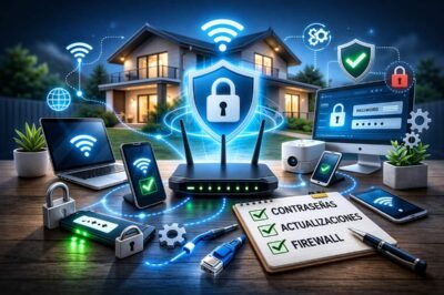 Router Wi-Fi con escudo de seguridad protegiendo dispositivos conectados en una red doméstica