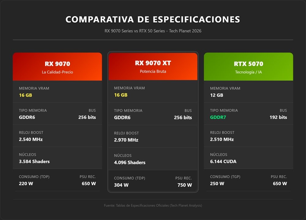 Comparativa especificaciones técnicas: AMD Radeon RX 9070 (16GB) vs RX 9070 XT vs NVIDIA GeForce RTX 5070 (12GB GDDR7)