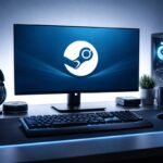 Setup gaming moderno con monitor mostrando el logo de Steam en un escritorio minimalista de alta tecnología.