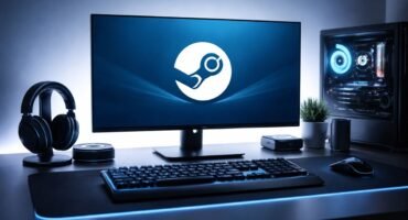 Setup gaming moderno con monitor mostrando el logo de Steam en un escritorio minimalista de alta tecnología.