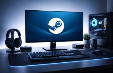 steam-juegos-pc-no-abren-setup-gaming Setup gaming moderno con monitor mostrando el logo de Steam en un escritorio minimalista de alta tecnología.
