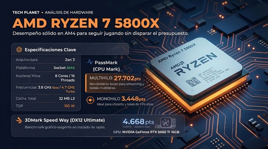 Infografía con especificaciones y benchmarks del AMD Ryzen 7 5800X junto a una RTX 5060 Ti: arquitectura Zen 3, 8 núcleos / 16 hilos, 105 W TDP, 27.702 puntos en PassMark y 4.668 en 3DMark Speed Way (DX12 Ultimate).