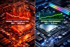 Comparativa visual de un procesador en thermal throttling por sobrecalentamiento frente a una CPU con refrigeración óptima, mostrando diferencias de temperatura y rendimiento en la placa base.