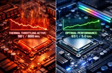Comparativa visual de un procesador en thermal throttling por sobrecalentamiento frente a una CPU con refrigeración óptima, mostrando diferencias de temperatura y rendimiento en la placa base.