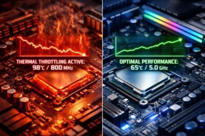 Comparativa visual de un procesador en thermal throttling por sobrecalentamiento frente a una CPU con refrigeración óptima, mostrando diferencias de temperatura y rendimiento en la placa base.