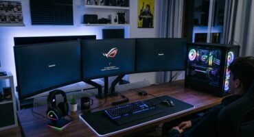 Una persona sentada frente a un moderno setup de PC en una habitación con iluminación ambiental azul y morada. El amplio escritorio de madera cuenta con un sistema de tres monitores que muestra la pantalla de carga del sistema, un teclado y ratón con luces RGB sobre una gran alfombrilla iluminada, y una torre de ordenador con panel de cristal que deja ver los componentes y ventiladores brillantes en su interior. Al fondo se aprecian estantes decorados con figuras coleccionables y paneles acústicos