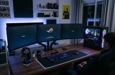 Una persona sentada frente a un moderno setup de PC en una habitación con iluminación ambiental azul y morada. El amplio escritorio de madera cuenta con un sistema de tres monitores que muestra la pantalla de carga del sistema, un teclado y ratón con luces RGB sobre una gran alfombrilla iluminada, y una torre de ordenador con panel de cristal que deja ver los componentes y ventiladores brillantes en su interior. Al fondo se aprecian estantes decorados con figuras coleccionables y paneles acústicos
