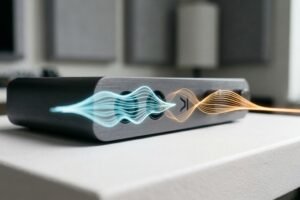Imagen conceptual de códecs de audio para jugar y streaming con ondas sonoras abstractas.