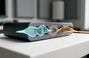 Imagen conceptual de códecs de audio para jugar y streaming con ondas sonoras abstractas.
