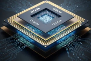 Imagen de un microprocesador con capas que representan diferentes niveles de caché: L1, L2 y L3