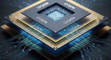 Imagen de un microprocesador con capas que representan diferentes niveles de caché: L1, L2 y L3