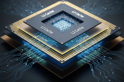 Imagen de un microprocesador con capas que representan diferentes niveles de caché: L1, L2 y L3