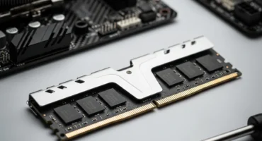 Módulo de memoria RAM instalado sobre una placa base con herramientas de destornillador al lado.