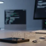 Disco duro externo con iconos de sistemas de archivos NTFS, FAT32 y exFAT en un entorno de trabajo digital.