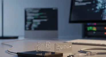 Disco duro externo con iconos de sistemas de archivos NTFS, FAT32 y exFAT en un entorno de trabajo digital.