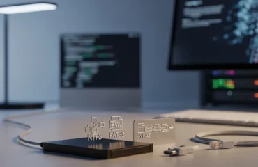Disco duro externo con iconos de sistemas de archivos NTFS, FAT32 y exFAT en un entorno de trabajo digital.
