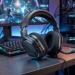 Auriculares gaming con micrófono sobre un fondo de un setup con un ordenador u pantalla gaming, con luces led azules y moradas, jugando a jun juego.
