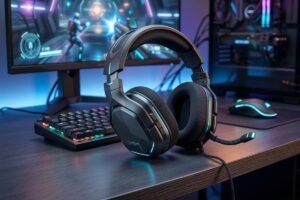 Auriculares gaming con micrófono sobre un fondo de un setup con un ordenador u pantalla gaming, con luces led azules y moradas, jugando a jun juego.
