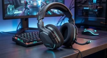 Auriculares gaming con micrófono sobre un fondo de un setup con un ordenador u pantalla gaming, con luces led azules y moradas, jugando a jun juego.