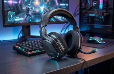 Auriculares gaming con micrófono sobre un fondo de un setup con un ordenador u pantalla gaming, con luces led azules y moradas, jugando a jun juego.