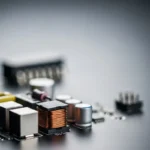 Gemini ha dicho Una toma de primer plano con enfoque selectivo de componentes electrónicos montados en una placa de circuito impreso de color negro.
