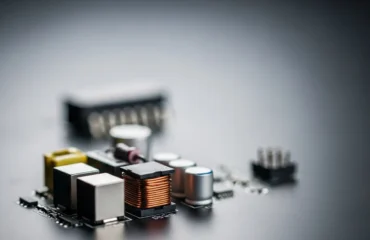 Gemini ha dicho Una toma de primer plano con enfoque selectivo de componentes electrónicos montados en una placa de circuito impreso de color negro.