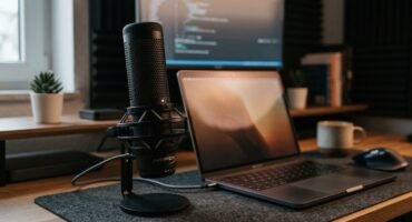 Primer plano de un micrófono en un escritorio moderno, solución volumen bajo micrófono Windows