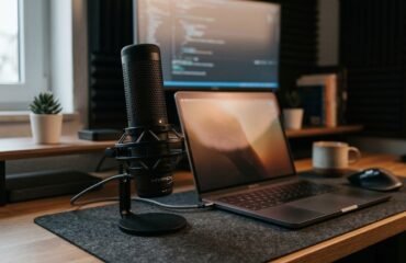Primer plano de un micrófono en un escritorio moderno, solución volumen bajo micrófono Windows