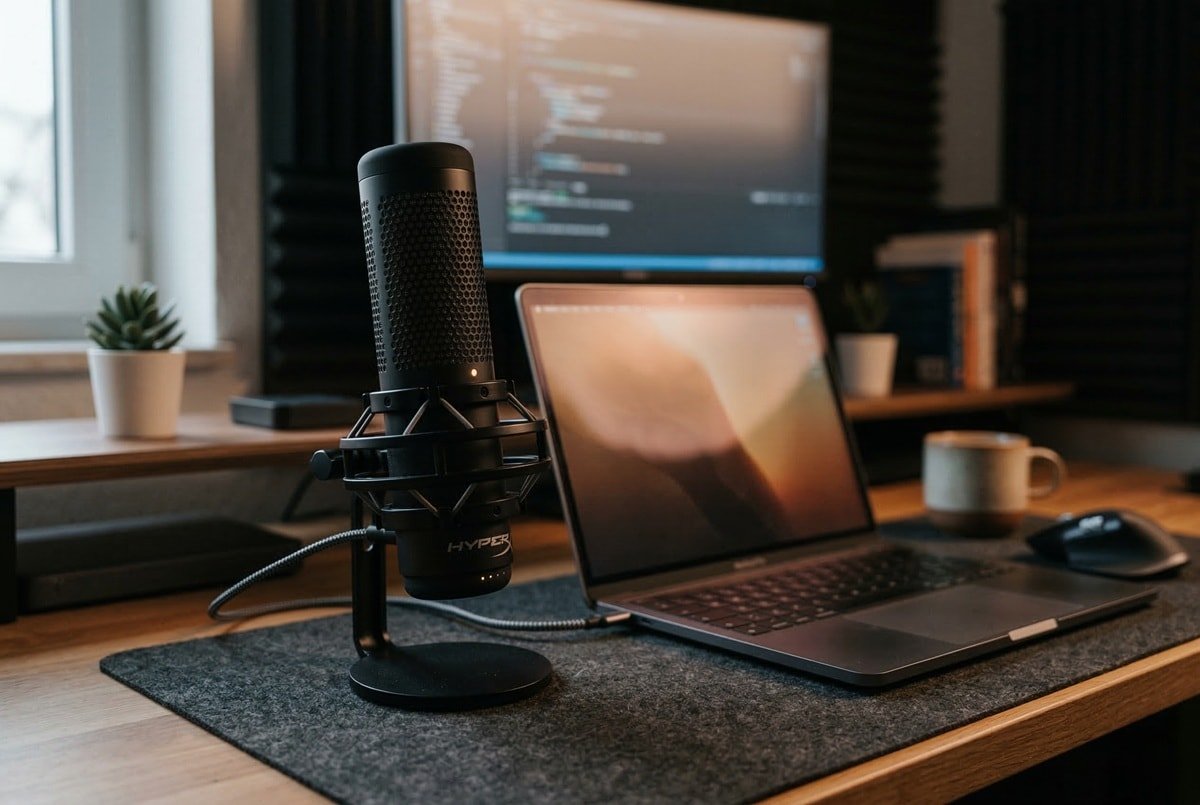 solucion-volumen-bajo-microfono-windows Primer plano de un micrófono en un escritorio moderno, solución volumen bajo micrófono Windows