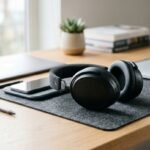 Auriculares sobre un escritorio, representando la búsqueda de soluciones al zumbido en los auriculares.