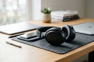 Auriculares sobre un escritorio, representando la búsqueda de soluciones al zumbido en los auriculares.
