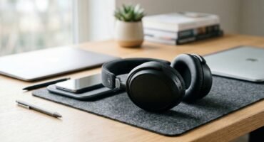 Auriculares sobre un escritorio, representando la búsqueda de soluciones al zumbido en los auriculares.