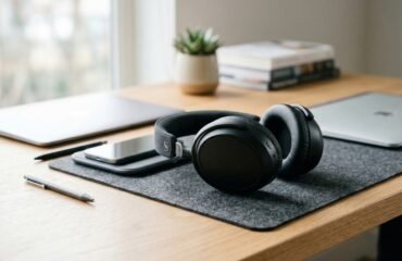 Auriculares sobre un escritorio, representando la búsqueda de soluciones al zumbido en los auriculares.
