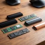 Varios discos SSD M.2 NVMe sobre un escritorio de madera.