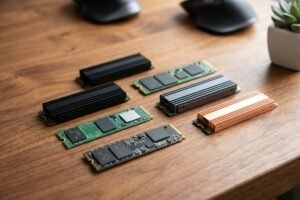 Varios discos SSD M.2 NVMe sobre un escritorio de madera.