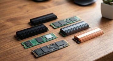 Varios discos SSD M.2 NVMe sobre un escritorio de madera.