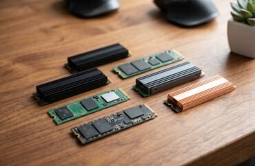Varios discos SSD M.2 NVMe sobre un escritorio de madera.